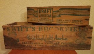 2 Vintage Wooden American Cheese Boxes KRAFT 2 lb and SWIFT ' S BROOKFIELD 5 lb 3