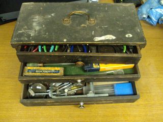 Vintage Tool Box Gunsmith Estate Jeweler Tools Pliers Files Mini Drill Press