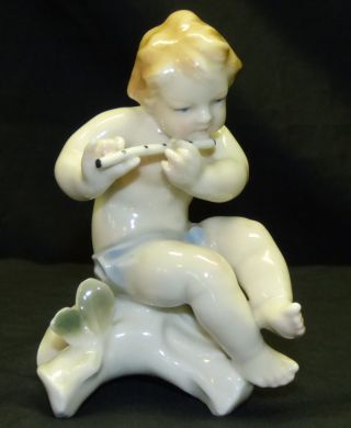 Karl Ens Germany Porcelain Putti Cherub Musician W/ Flute Figurine Volkstedt