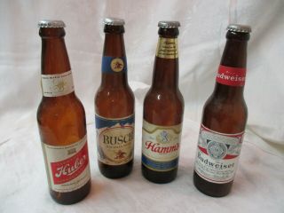 Vintage 4 Glass Beer Bottles Budweiser Huber Hamm 