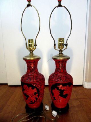 Vintage Chinese Carved Red & Black Cinnabar Vase Lamp 26 " Tall