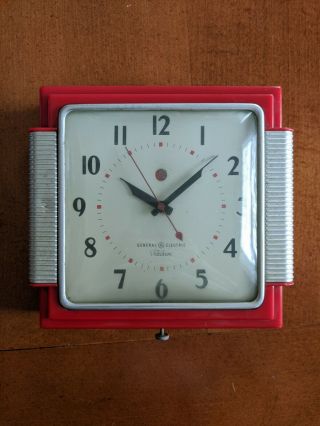 Vintage General Electric Ge Telechron Red Kitchen Wall Clock Model 2ha43
