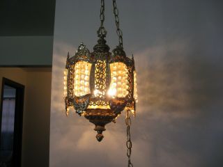 Vintage Hollywood Regency Metal Gold Tone Swag Lamp Light With Prisms