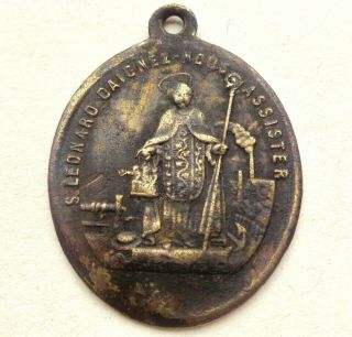 Saint Barbara & Saint Leonard - Rare Antique Old Bronze Medal Pendant