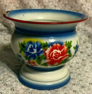 Antique " Penguin " Porcelain Chamber Pot W/bright Flowers Rare Spittoon Vintage