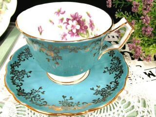 Aynsley Tea Cup And Saucer Baby Blue Teacup Purple Violets Crocus Shape Set