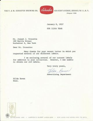 1957 F.  & M.  Schaefer Brewing Co.  Letter - Brooklyn,  Ny - Signed
