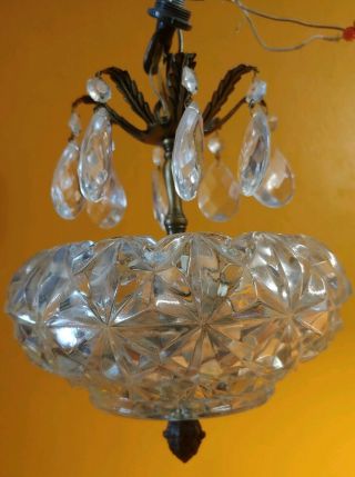 Antique Vintage Small Hallway Cut Glass Chandelier With Crystal Prisms.  2 Lights