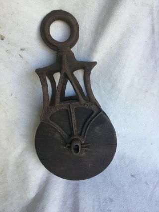 Antique Vintage Cast Iron Myers Ok Barn Pulley Old Farm Tool Rustic Primitive