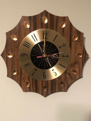 Vintage Walnut Brass Mid Century Modern Empire Sunburst Wall Clock Starburst