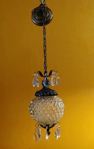2 Rare Vintage Swag Hanging Lamps Glass Globe Design.  Prisms Top/bottom