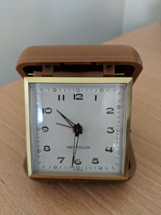 Vintage Westclox Fold Up Winding Travel Alarm Clock Plastic Case