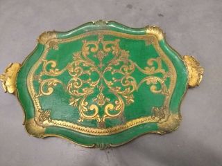 Vintage Italy Florentine Paper Mache Large Tray Plate Gold & Green 15 " X 20 "
