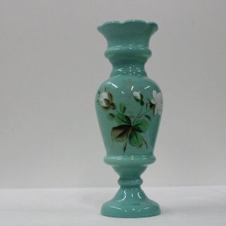 Bristol Antique Victorian Blue Milk Glass Hand Painted Floral Fluted Vase 405