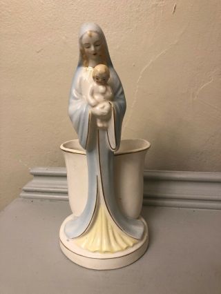 Vintage Virgin Mary Baby Jesus Flower Planter Vase White Blue Gold Trim Figurine