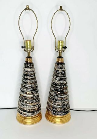 Vintage Pair Black Gold Ceramic Lamps Bases Mid Century Modern Mcm Modernist