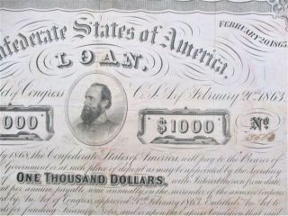 Confederate States Of America $1000 Bond With Stonewall Jackson Image
