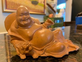 Vintage China Signed Wood Hand - Carved Laughing Buddha Bird Sculpture