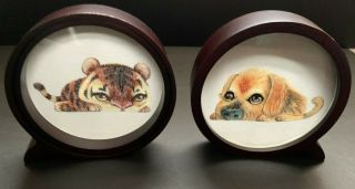 Set Of 2 Double Sided Silk Embroidery Art - Wood Frame - Tiger Cub & Puppy Dog