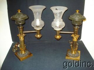 19th C.  Bronze Single Arm Argand Oil Lamps With Period Shades N/r