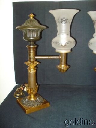 19TH C.  Bronze Single Arm Argand Oil Lamps with Period Shades N/R 2
