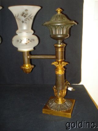 19TH C.  Bronze Single Arm Argand Oil Lamps with Period Shades N/R 3