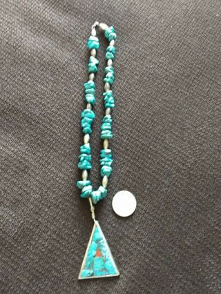 Navajo Signed Bf Vintage Sterling Silver Turquoise Pendant Necklace