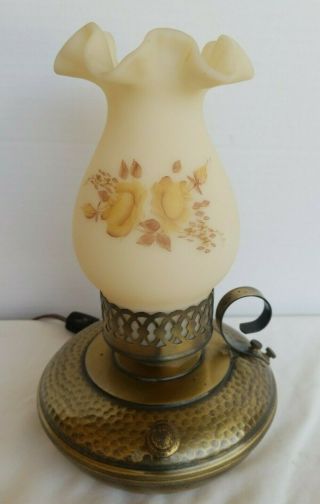 Vintage Antiqued Brass Parlor Lamp W/ Fenton Flower Hand Painted Custard Shade