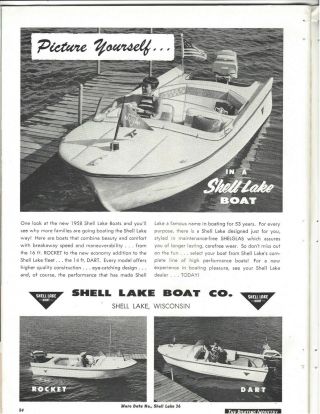 1958 Vintage Shell Lake Boats Full Page Print Ad Advertisement