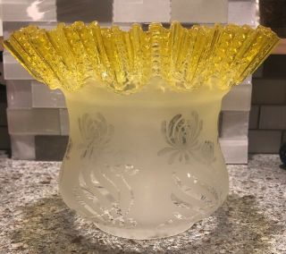 Antique Victorian Acid Etched Yellow Fancy Oil Lamp Shade Chrysanthemums