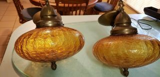 2x Vintage Mid Century Amber Crackle Glass Hanging Pendant Lamps