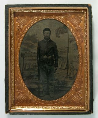 1860s Quarter Plate Civil War Tintype Photo Of Armed Soldier With American Flag