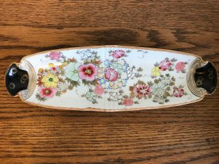 Antique Signed Japanese Hand Painted Porcelain Celery Dish Gold Flowers