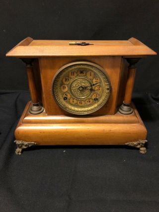 Vintage Wooden Mantle Clock With Key Broken Foot