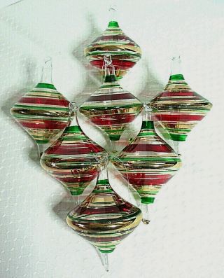 Vintage Set Of 7 Blown Glass Christmas Ornaments - Green/red/gold