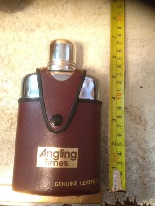 Vintage Angling Times Leather And Glass Hip Flask