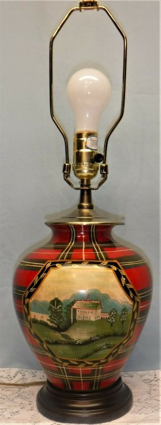 Vtg Red Green And Cream Urn Shape Table Lamp With Field,  Trees & House Scene