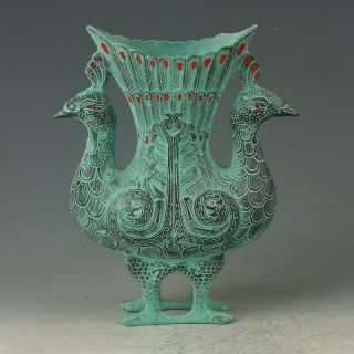 Old Chinese Bronze Handwork Carved Double Peacock Shape Vase Rt