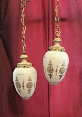 Hollywood Regency Retro Double Swag Hanging Lamp Light White Gilded Globes Mcm