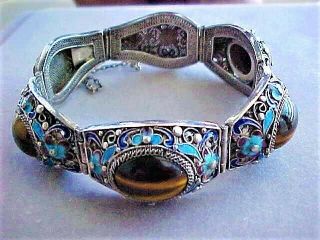 Vintage Chinese Silver,  Tiger Eye And Enamel Bracelet