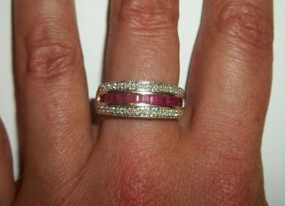 10k White Gold Ruby Diamond Band Ring Size 8 Vintage Adl