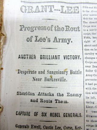 2 1865 Ny Times Civil War Newspapers Grant Defeats Lee & Forces Him To Surrender