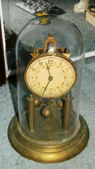 Antique German Brass Glass Dome Anniversary Mantel Clock Parts Or Restoration