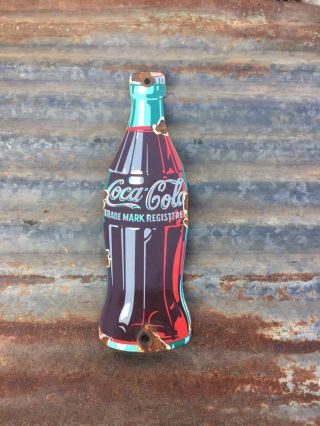 Coca Cola Bottle Porcelain Enamel Sign Push Plate Soda Pop Fountain Rusty COKE 2