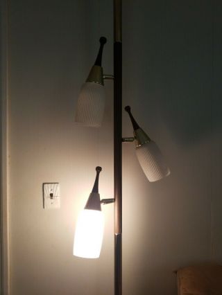 Vintage Tension Pole Floor Lamp Brass & Wood 3 Way Lights Glass Shades MCM 3