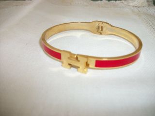 Vintage Hermes Red Enameled Narrow Gold Metal Bracelet Marked Hermes Paris