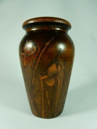 Antique Australian Pokerwork Poker Work Flower Vase Wooden Timber Iris Lily