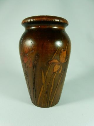 Antique Australian Pokerwork Poker Work Flower Vase Wooden Timber Iris Lily 2