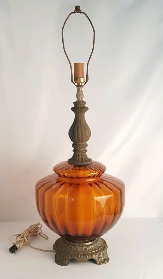 Large Vintage Amber Brass Mid Century Modern Retro Glass Double Light Lamp Mcm