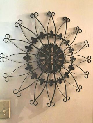 Vtg Seth Thomas Mid Century Modern Black Wrought Iron Sunburst Star Wall Clock